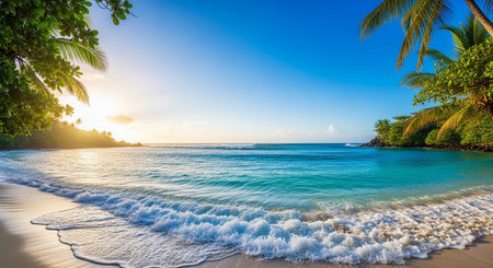 Tropical Beach Landscape with Crystal Clear Ocean, Palm Trees and Coastal Paradise