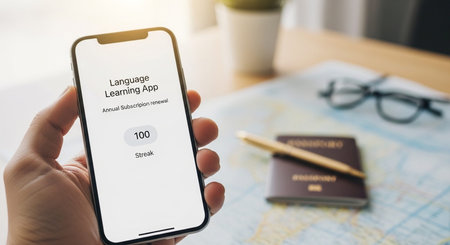Language Learning Concept with App Interface and Annual Subscription Renewal