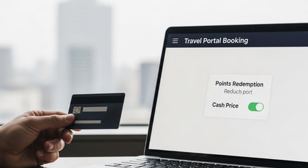 Man holding credit card and using laptop for online shopping. All screen graphics are made up.