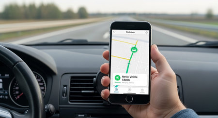 male hand holding a smartphone with app delivery tracking on the screen while driving on highway