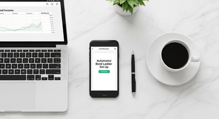 Top view of workspace with laptop, mobile phone and coffee cup background