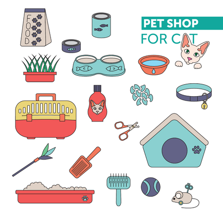 Vector line color icon set. Pet shop scissors for claws, litter scoop, litter box, pet kennel, shampoo, oats, nail caps, food for catのイラスト素材