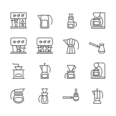 Icons of different coffeemakers in the style of minimalism. Bold line symbols of machines for coffee for your design.のイラスト素材