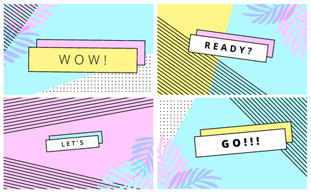 Universal trend poster juxtaposed with bright bold geometric leaves foliage yellow, blue and pink elements. Background in laconic fashion style.のイラスト素材