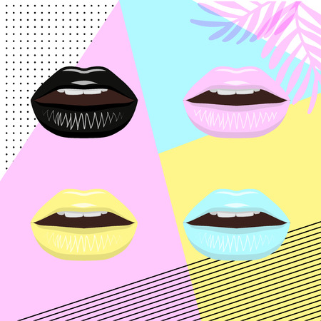 Universal trend poster juxtaposed with bright bold geometric leaves foliage yellow, blue and pink elements. Background in laconic fashion style. Lips with lipstick in pin styleのイラスト素材