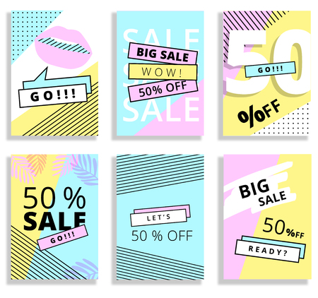 Summer card set. Vector collection of bright summer cards. Beautiful summer posters with bright bold geometric leaves foliage yellow, blue and pink elements.の写真素材