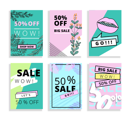 Summer card set. Vector collection of bright summer cards. Hand-draw flowers. Beautiful summer posters with bright bold geometric leaves foliage yellow, blue and pink elements.の写真素材