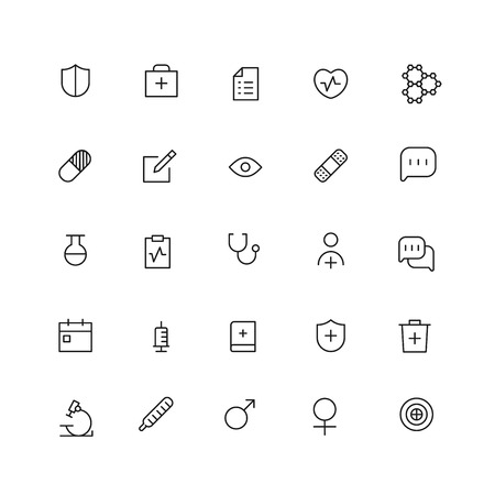 Medical icons. set of 25 editable outline medical icons such as test tube, cream box, heart with cross, stethoscope, pill, heart with muscles, heart organ, heartbeat clipboardのイラスト素材