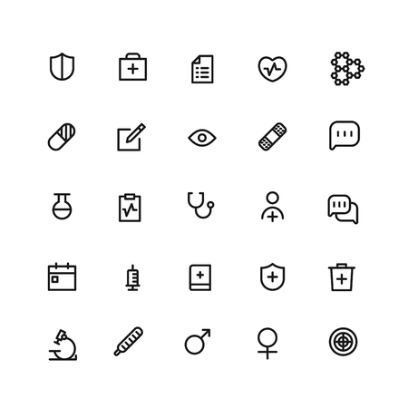 Medical icons. set of 25 editable outline medical icons such as test tube, heart with cross, stethoscope, pill, heartbeat clipboardのイラスト素材