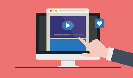 Vector flat illustration of webinar, online conference, lectures and training in internet.のイラスト素材