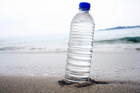 Shoot above the beach at the beach clean, bottled waterの写真素材