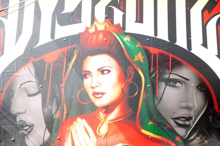 Grunge Background with Old Torn Posters and painting grafitiのeditorial素材