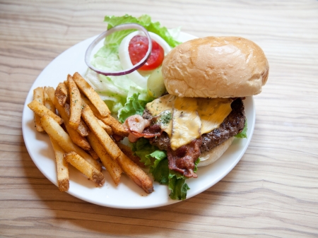 hamburger set on the wood tableの写真素材