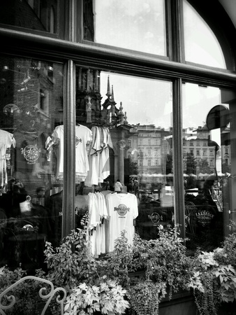 Cracow, architecture, reflections in shop windows. Krakow, Poland.