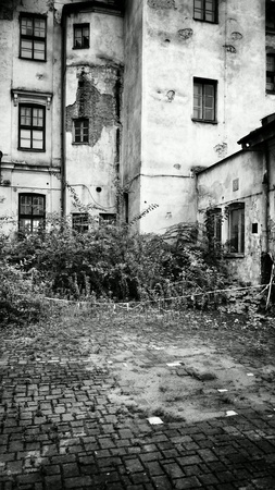 The historic city. Cracow residential backyard in the old city, Krakow, Poland.の素材