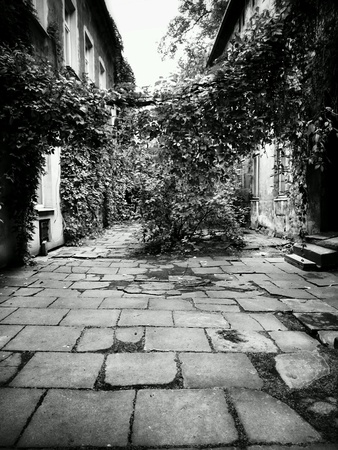 The historic city. Cracow residential backyard in the old city, Krakow, Poland.の素材