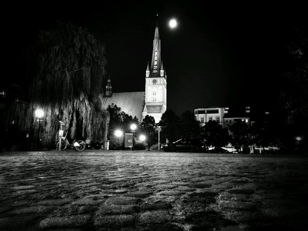 Szczecin by night. Cathedral in old market on the old center town. Szczecin, Poland.の素材