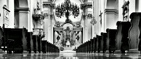 Catholic religious architecture, church interior. Saint John Cathedral. Warsaw, Poland.の素材