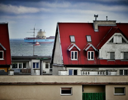 Gulf of Gdansk. Ship entrance to the port. Gdansk Brzezno, Poland.の素材
