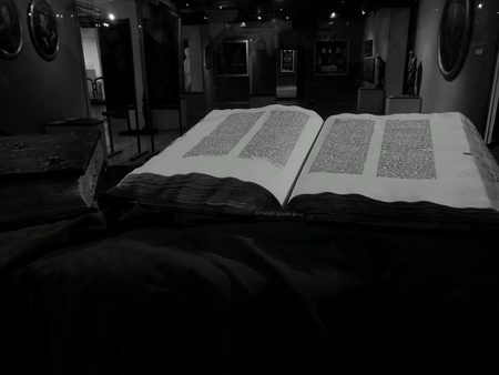 Catholic Cathedral interior, Gutenberg Bible. Pelplin, Poland.