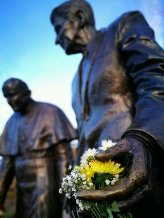 John Paul Two and Ronald Reagan, sculpture on the walk in outdoor park in Gdansk Zaspa, Poland.