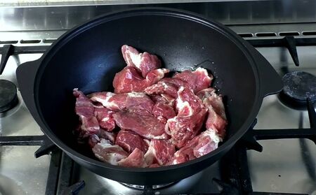 Meat on Pan Steak White Wooden Background imageの写真素材