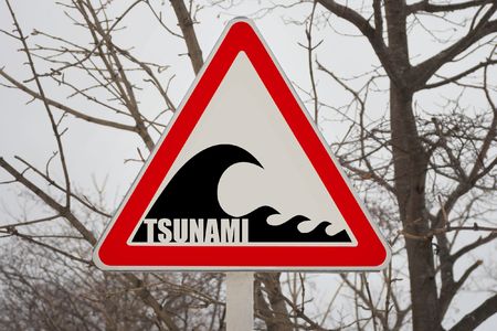 tsunami hazard zone sign on the roadの写真素材