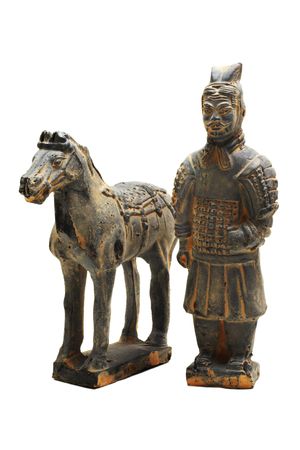 miniature terracotta warrior of oin dynasty with horse on a white background with pretty shadowsのeditorial素材