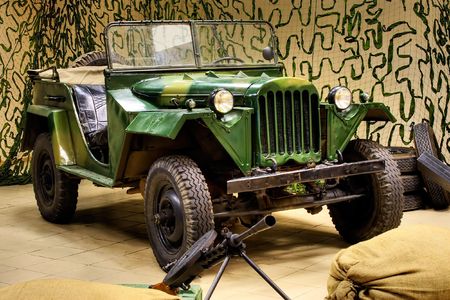 green retro World War II army vehicle (hdri - tone mapping)の写真素材