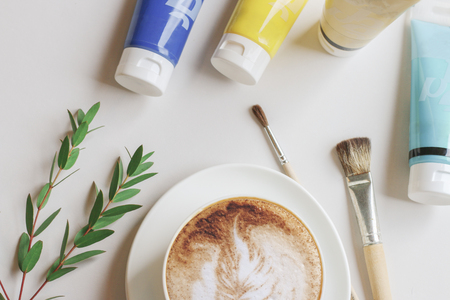 Coffee Raf with Paints and Brushesの写真素材