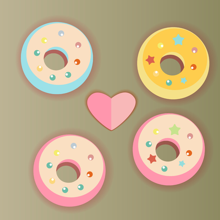 Vector picture with sweet donuts with ornaments and heartのイラスト素材