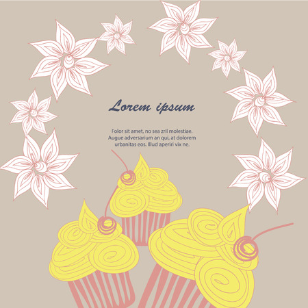 Frame vector background of colorful cupcakes with cute flowersのイラスト素材