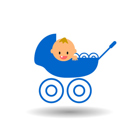 newborn baby boy smiling in the stroller flat vector icon on white background with shadowのイラスト素材