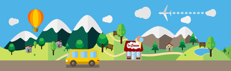 Cartoon illustration of the urban and suburban landscape, colored flat design. Countryside with cars and nature.のイラスト素材