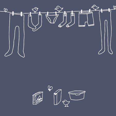 Set the washing's hang drying in the style of Doodle on blue background. Bird, basin and washing powderのイラスト素材