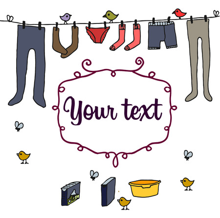 Set the washing's hang drying in the style of Doodle on white background. Bird, basin and washing powderのイラスト素材