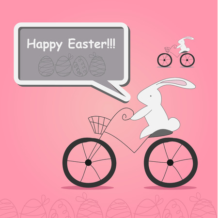 Easter postcard white rabbit on the bike congratulates on Easter, flat design vectorのイラスト素材