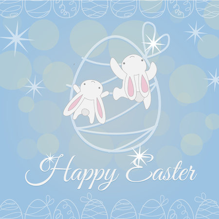 Two Cute white Easter Bunny climbs on the Easter egg with a gift ribbon on blue backgroundのイラスト素材
