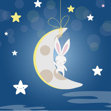 The white Bunny on the moon wishing good night on an isolated backgroundのイラスト素材