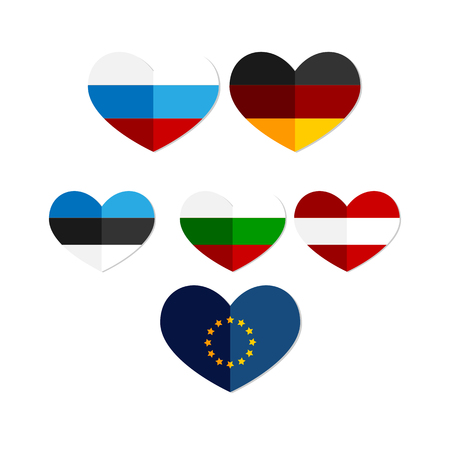 Collection of countries flags in the shape of a heart Russia Austria Europe Germany vector icon on white backgroundのイラスト素材
