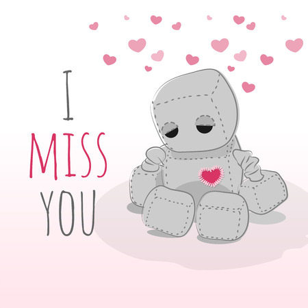 Cute felt robot plush toy with heart Valentines Day misses a day sitting. Sad robot, robot illustration on a light background, letteringのイラスト素材