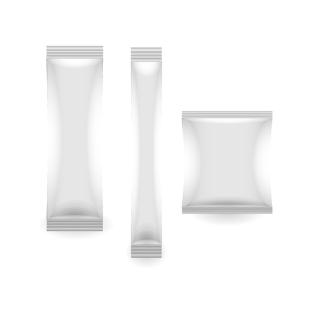 three White Blank Foil Packaging Sachet Coffee, Salt, Sugar, Pepper Or Spices Stick Plastic or paper Pack Ready For Your Design. Snack Product Packing Vectorのイラスト素材
