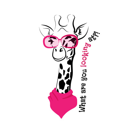 head of a giraffe hipster. Giraffe in round glasses on light background. Hand-drawn sketch of a giraffe. Retro Fashion. Giraffe with glasses and scarf and phrase What are you looking atのイラスト素材