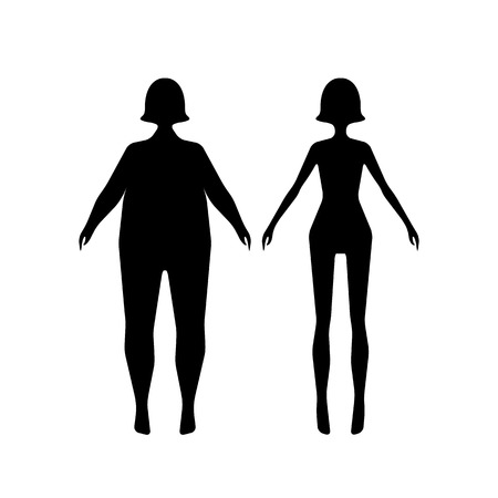 Two female body types. Set thick slim thin body figures. Flat black colored icons app. Vector illustration. Flat style design lifestyle, healthy eating, diet, example.のイラスト素材