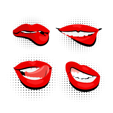 Vector set colored icons, sexy womens shiny red lips, open mouth, bite lip, tongue, white teeth simple background vintage retro style pop art. Illustration hand drawnのイラスト素材