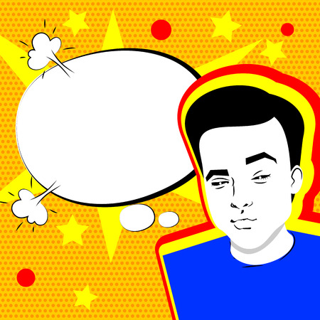 Youth contemporary modern style illustration pop art. Attractive daring young man makes selfie duck face yellow background and speech bubble, dot pattern template.のイラスト素材