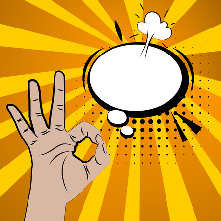 Hand sign comic retro pop art style white circle bubble. Gestures okay. Cartoon comic  colored speech bubble. Dot drawn finger, ok sign. Like positive hand sign. Yellow pop art background.のイラスト素材