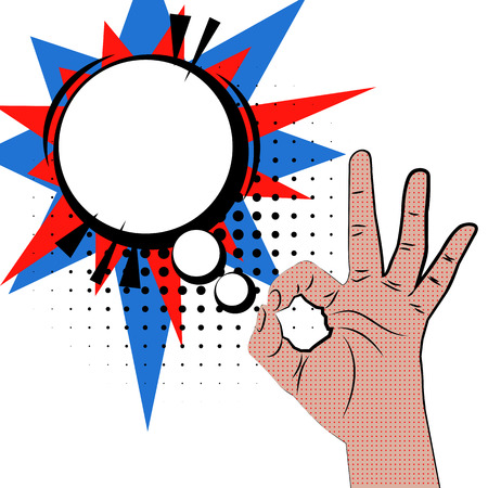 Hand sign comic retro pop art style white round bubble. Gestures okay. Cartoon comic colored speech bubble. Dot drawn finger, ok sign. Like positive hand sign.のイラスト素材
