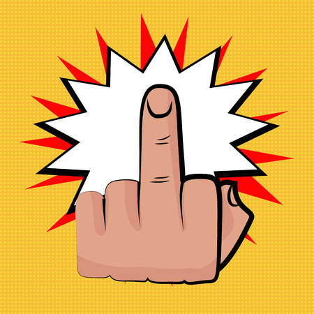 Hand sign middle finger comic retro pop art style white bubble. Gestures aggressive. Cartoon comic vector colored pictute. Dot hand drawn finger, angry sign. Provocative hand sign.のイラスト素材