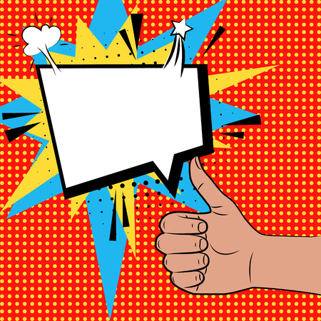 Hand sign thumbs up comic retro pop art style. Gestures okay, finger thumbs up. Cartoon comic vector colored speech bubble. Dot hand drawn finger, ok sign. Like positive hand sign.のイラスト素材